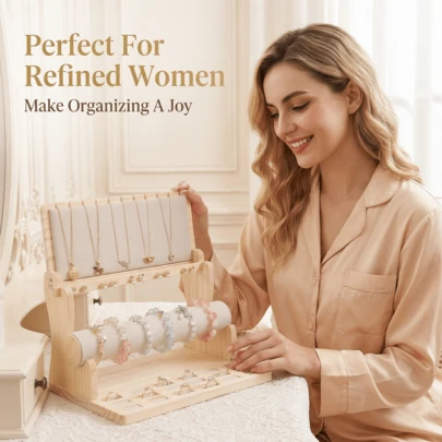 1件装天然木质多功能珠宝展示架，垂直多层配件收纳架，一体式桌面珠宝架，适用于项链、耳环、戒指和手表，商业及家用珠宝道具