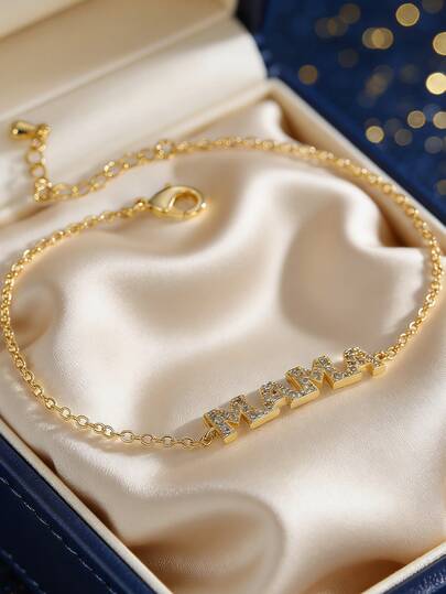 Women's Gold-Plated Delicate Chain Bracelet, Fully Inlaid With Zirconia "MAMA" Letter Accent, Minimalist Warm Style, Suitable For Daily Commute And Workwear, An Ideal Gift For Fashion Enthusiasts