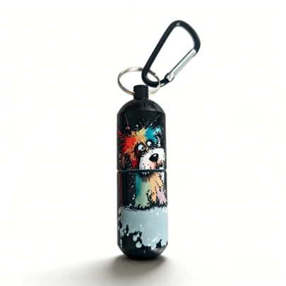 1 قطعة علبة أدوية محمولة مقاومة للماء على شكل سلسلة مفاتيح، زجاجة أدوية مطبوعة DIY، حاوية أقراص إسعافات أولية على شكل سلسلة مفاتيح