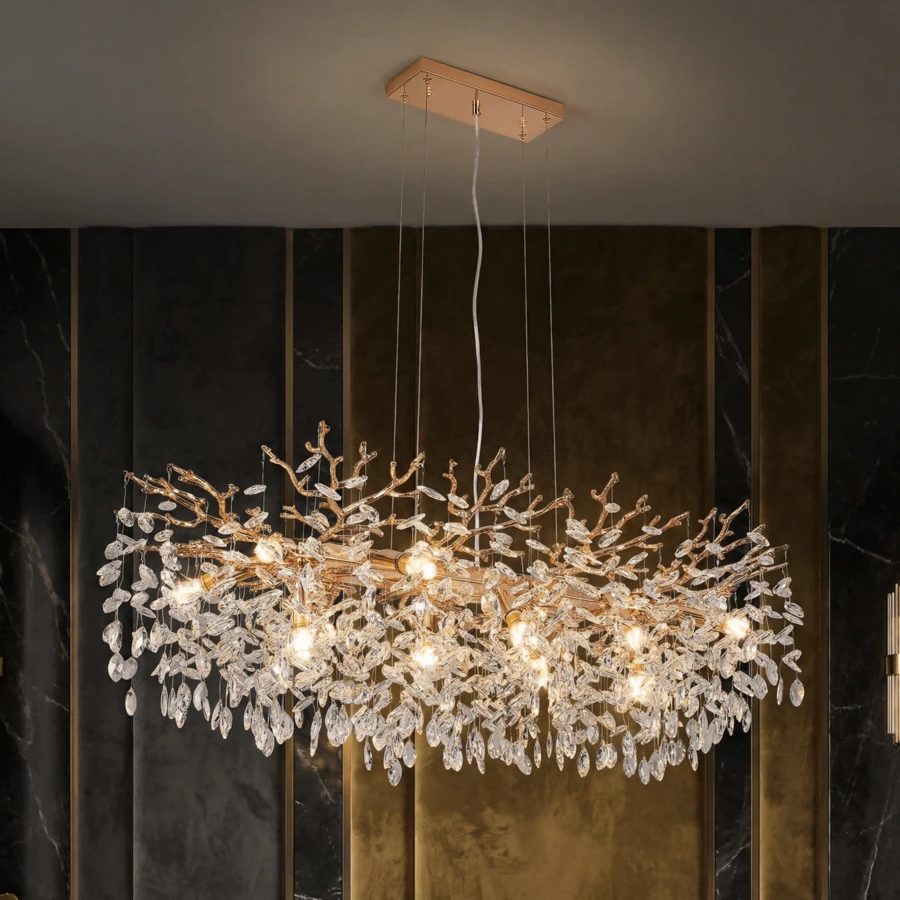 Modern Luxury K9 Crystal Tree Branch Chandelier, 18-49" Large Gold Linear Island Lighting, 7-14 Light Artisan Branching Pendant Light For Dining Room, Living Room, Foyer - Retro - View 1