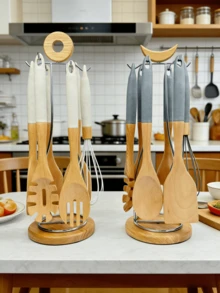 1 pieza/5 piezas Juego de utensilios de cocina de madera natural, herramientas de cocina de alta calidad resistentes al calor y antiadherentes, que incluyen cucharón, cuchara coladora, pala para pasta, espátula, cuchara de cocina, tenedor para ensalada, adecuado para la cocina, picnic al aire libre, Día de la Madre, Navidad, boda, Eid Al-Adha y otros regalos festivos - Multicolor - Ver 12
