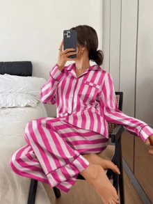 Dreamivo Set de 2 piezas de pijama de mujer de manga larga a rayas - Rosa Fucsia - Ver 1