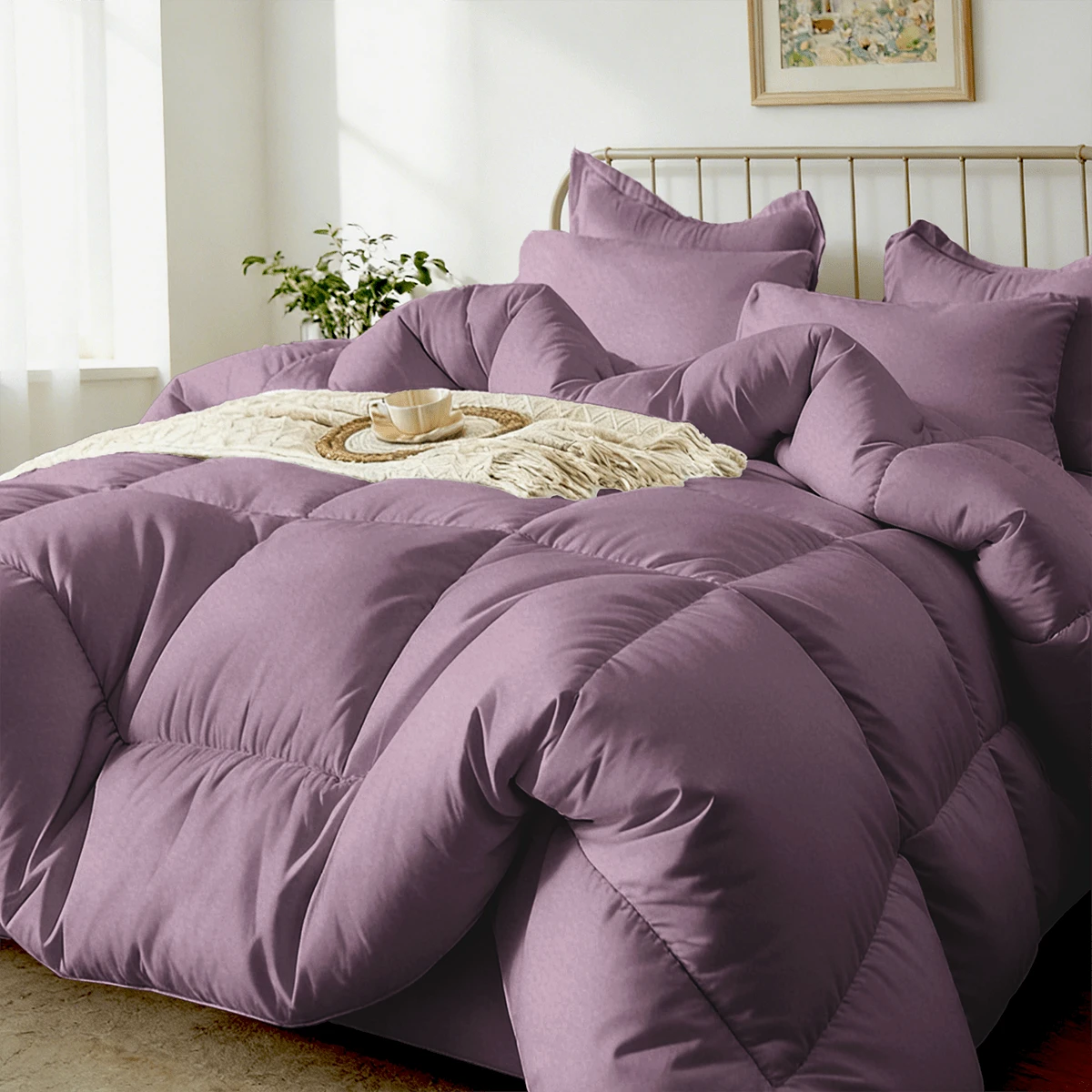 7-Pcs Or 5-Pcs Soft And Breathable Checkered Comforter Sets Queen, As A Family Gift. Includes Fitted Sheet, Flat Sheet, Pillowcase And Comforter, Bed In A Bag, A Luxurious Bedding Set, Machine Washable - Màu tím - Xem 1