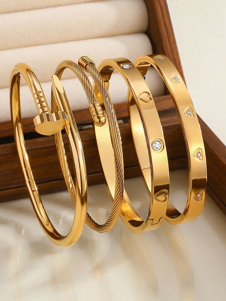 Conjunto de 1 ou 4 pulseiras de aço inoxidável de alta qualidade com pingente de coração, banhadas a ouro 18K, acessórios de joalheria, pulseira em formato de coração, empilhável, adequada para festas e uso diário, estilo europeu e americano, personalizada, tamanho grande, pulseira luxuosa com zircônias cúbicas, conjunto de joias para casamento, presente para meninas, mulheres, parentes e amigas, presente requintado para casamento, aniversário e Dia dos Namorados. - Ouro - Ver 1