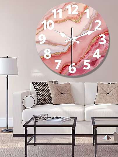 1pc 10/12 Inch Round Wooden Wall Clock, Designed With Pink And Gold Marble, Equipped With Silent Quartz Movement, Requires AA Battery (Not Included), Suitable For Bedroom, Kitchen, Study, Garage Or Living Room