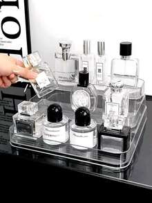 1pc Clear Vanity Cosmetic Storage Box, Can Store Perfumes, Aromatherapy Products, Nail Polish. Multi-Layer Trapezoidal Makeup Display Stand, Suitable For Beach, Bathroom And Bedroom Series. Large Capacity, Suitable For Home Decoration And As A Gift. - Clear - View 3