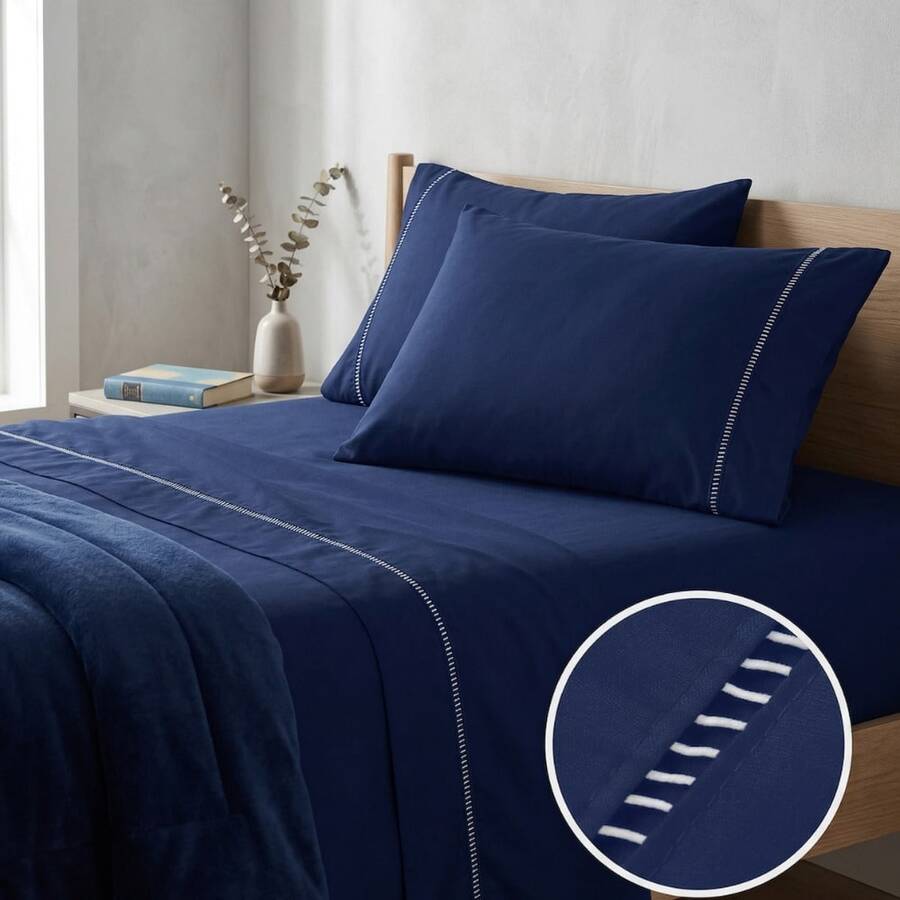 400 Thread Count 3-Piece Bedding Set With Fitted Sheet And Pillowcases, Soft Touch, Everyday Comfort, Single, Full, Queen, King - 海軍藍 - 查看 1