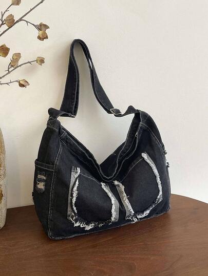 Bolso de hombro de lona de mezclilla lavada, bolso cruzado de gran capacidad, bolso de tote versátil para el transporte diario para mujeres, estudiantes, compras al aire libre