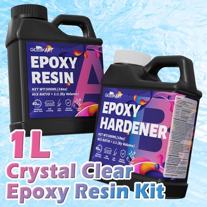 GEEEKART Kit de resina epoxi de 1L - Resina de colada y recubrimiento cristal claro para arte, joyería, mesas de río - Relación 1:1 de bajo olor - Sin burbujas, anti-amarillamiento, acabado de alto brillo