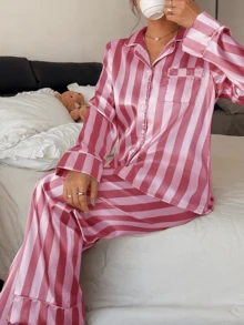 Dreamivo 2pcs/Set Women Striped Long Sleeve Pajama Set - Baby Pink - View 5