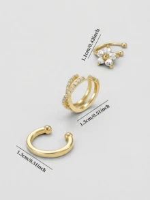 3 piezas de abrazaderas para la oreja chapadas en oro sin perforación para mujeres, clips para la oreja con forma de X cruzada con pavé de circonita cúbica brillante, pendientes de cartílago de flor delicada, conjunto de joyas minimalistas sin perforación - Oro A - Ver 5