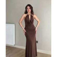 Women's London Dress With Elegant Cowl Neckline, Gold Detail, Open Back, Soft And Lightweight Suplex Fabric. - Rỉ Nâu - Xem 2