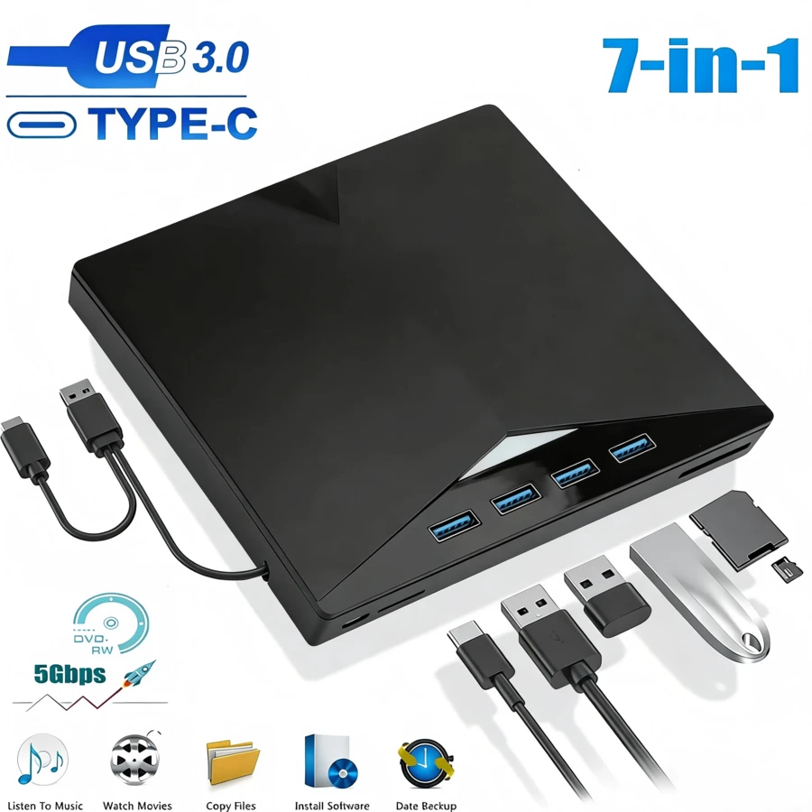 7合1 USB3.0 Type-C 外接 DVD CD 燒錄集線器，含 4 個 USB-A、TF SD 讀卡機，5Gbps 高速傳輸，8X DVD 24X CD 讀寫，免驅即插即用，金屬靜音光碟機，適用筆記本 Windows 筆電桌上型電腦，文件儲存與媒體播放