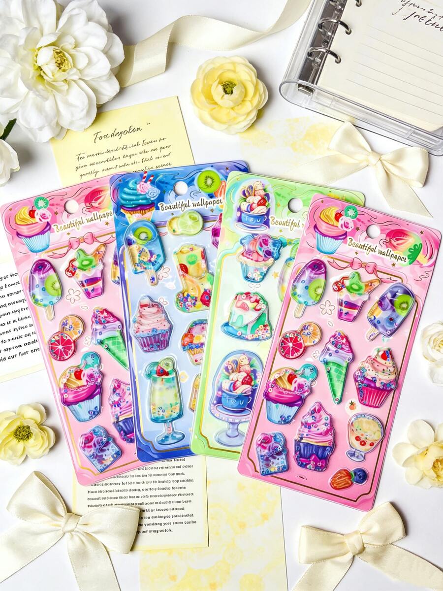 Dreamy Dessert 3D Shake Stickers, Girl Heart Gradient Glitter Cake & Ice Cream Stickers, DIY Decorative Materials For Student Journals, Reward Stickers For Kids, Decorative Stickers For Phone Cases, Luggage, Notebooks & Photo Albums, Waterproof & Dirt-Resistant Fun Sticker Set, High-Value Ins Style Creative Stickers - Multicolor - View 1