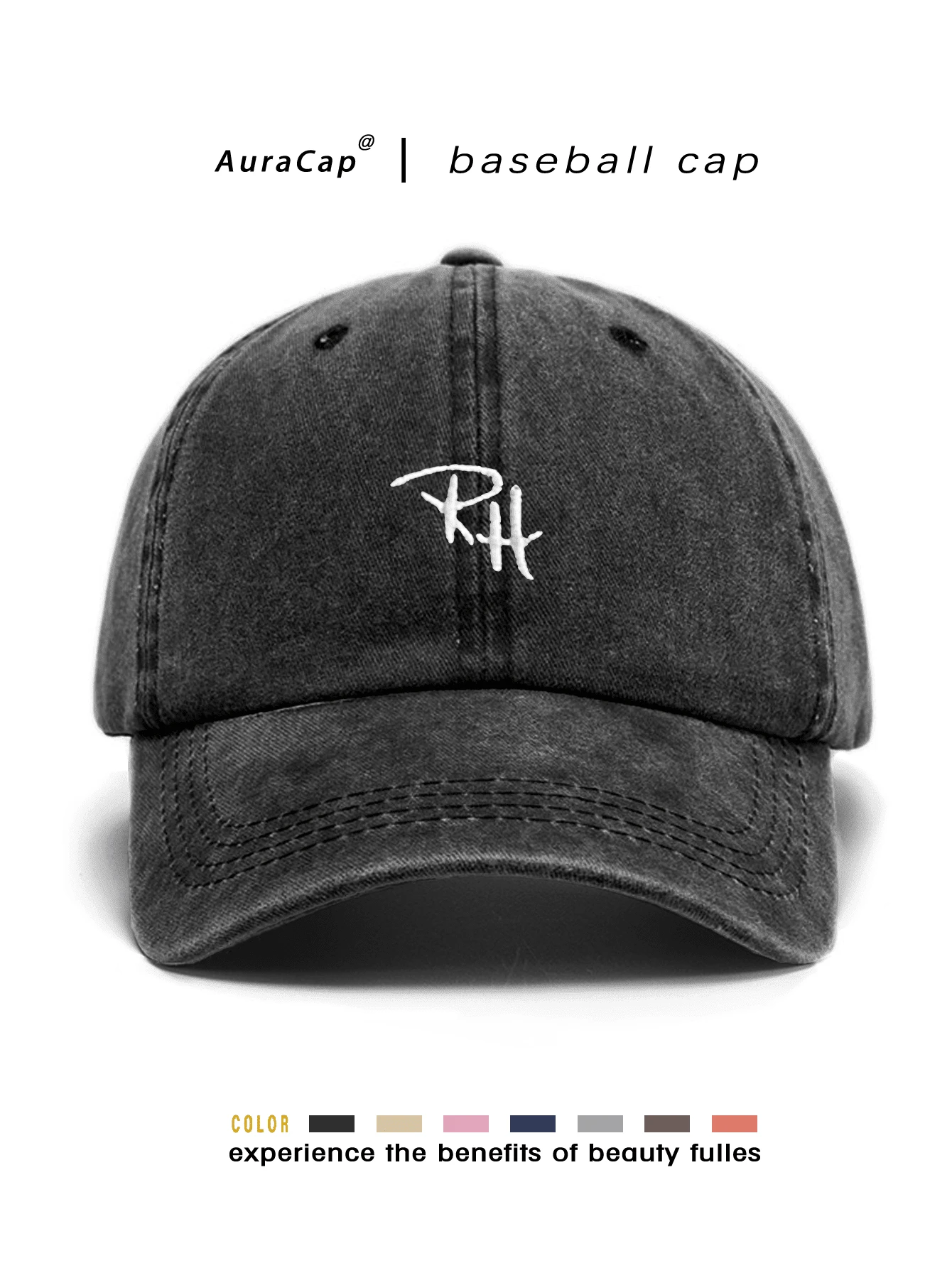 1 st. damkeps med broderad RH-motiv, tvättad basebollkeps, trendig justerbar solskyddshatt för avslappnad användning, lämplig för vår-/höstutflykter, resor, strand, fest