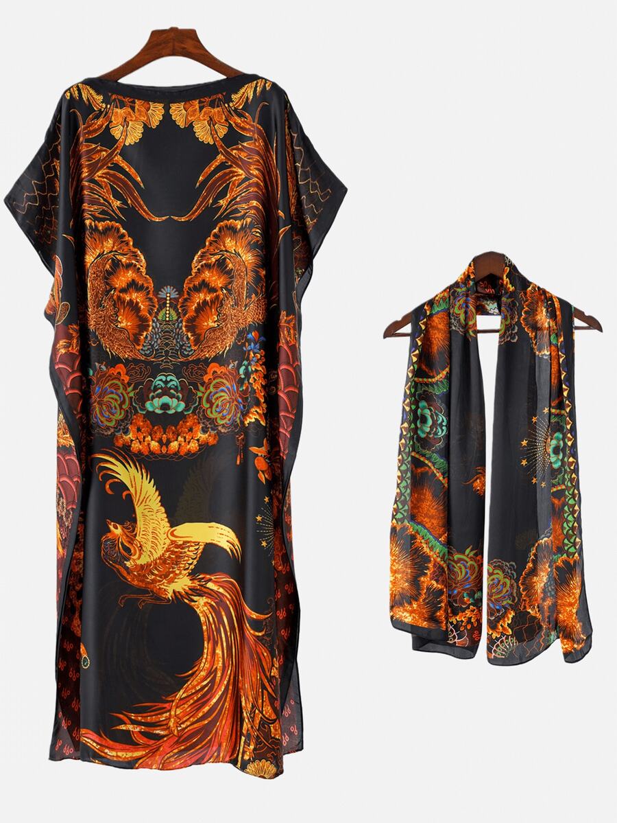2件套女士复古优雅凤凰图腾印花仿丝头巾和长袍套装，春夏户外休闲度假防晒披肩围巾组合 - 彩色 - 查看 1