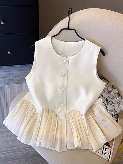 Women's Solid Color Round Neck Faux Pearl Button Casual Everyday Top White Summer