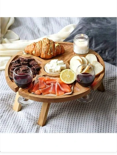 1 pieza de bandeja plegable redonda y multifuncional de madera maciza, perfecta para actividades al aire libre, picnics, campamentos, barbacoas en la playa y fiestas - incluye una mesa para aperitivos, fácil de llevar a fiestas navideñas y terrazas