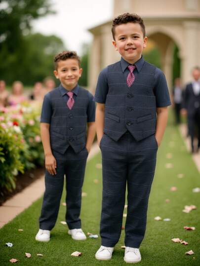 男童格子单排扣领带装饰背心上衣和长裤套装，适合派对和表演