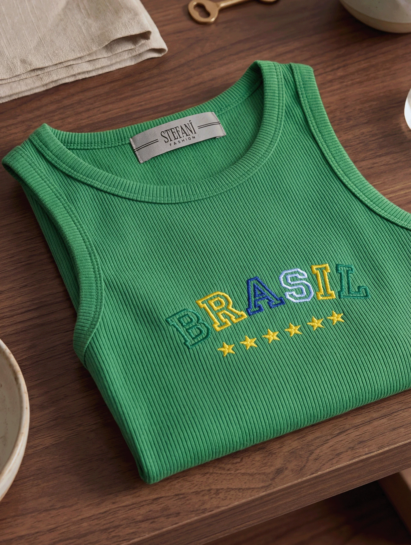 Women's Tank Top Summer 2026 With "BRAZIL" Embroidered Print, Ribbed Knit Fabric - GREEN 2 - View 1
