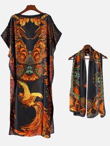 2件套女士复古优雅凤凰图腾印花仿丝头巾和长袍套装，春夏户外休闲度假防晒披肩围巾组合 - 彩色 - 查看 6