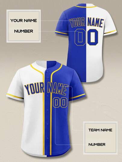 Customizable Blue & White Split-Color Baseball Jersey - Personalized Name & Number Two-Tone Shirt, Modern Varsity Button-Down With Gold Trim, Game Day Outfit