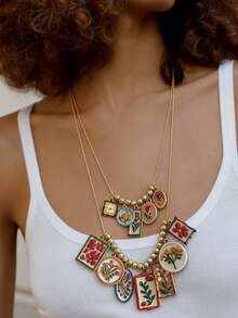 一套复古时尚合金印花多层吊坠项链，休闲度假风，女士款 - 花卉項鍊 - 查看 6