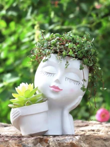 中号人脸花盆，独特的接吻人脸花盆，适合室内外植物，树脂人脸花盆带排水孔，可爱接吻花盆（白色） - 彩色 - 查看 15