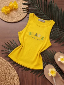 Women's Tank Top Summer 2026 With "BRAZIL" Embroidered On Ribbed Knit Fabric. - YELLOW - View 6