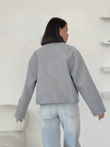 Áo khoác dài màu xám thanh lịch dành cho nữ, có cổ, tay dài rũ vai, dáng suông, khóa kéo phía trước và có túi, thích hợp cho lễ Ramadan hoặc lễ Eid Al-Adha. - Màu Xám nhạt - Xem 6