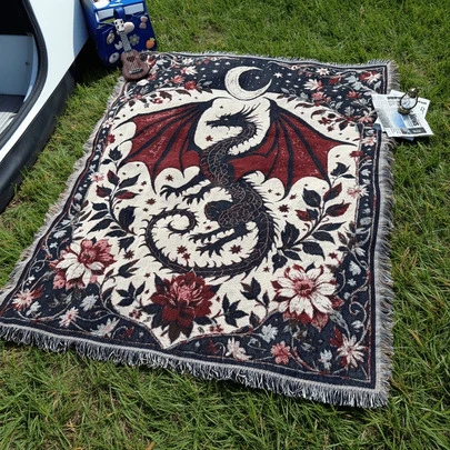 Koc ogrodowy na patio z czerwonym wzorem smoka, przenośny gruby koc piknikowy, koc kempingowy, zmywalny, ciepły koc do namiotu, dekoracja zewnętrzna, tło do zdjęć, odporna na rozdarcia mata rekreacyjna, obrus, dekoracja ścienna