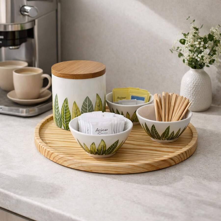 Madeira Linda Kit Organizador Cerâmica Folhagens Bandeja Madeira 04 Pçs