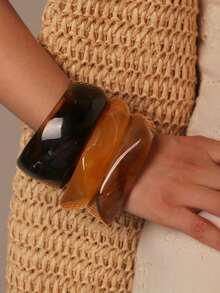3pcs Blue Tie Dye Acrylic Bracelet Set, Elegant Minimalist Gradient Bangle Combination, Suitable For Daily Wear And Vacation - Brown - View 3