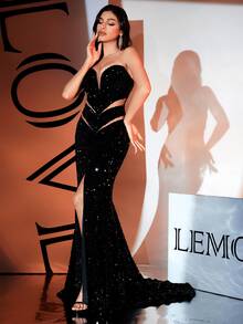 Black Sexy Sequin Mesh Splice Backless High Slit Maxi Party Formal Evening Gown - Black - View 2