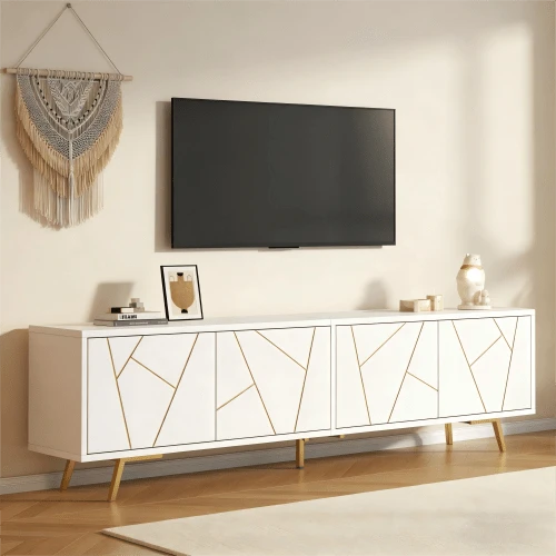 TV Stand For The Living Room, 190 X 40 X 51.5 Cm, With 4 Cabinet Doors And 6 Metal Legs, 190 Cm Long, Suitable For TVs With A Screen Diagonal Of Approximately 85", White Gold