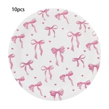 10pcs/20pcs/50pcs/80pcs Pink Bow Party Tableware Set - 9 /7 Inch Paper Dessert Plates ,Paper Cups ,Scalloped Edge Paper Napkins - Watercolor Pink Bow Heart Pattern Fancy Tableware For Coquette Bridal Shower, Princess Birthday, Tea Party Wedding Decor - Multicolor - View 7