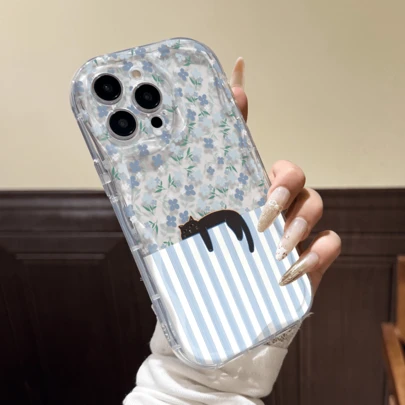 Ditsy Floral Striped Kitten Anti-Drop Protective Case Suitable Compatible With Apple 14 Pro Max, 13/12/11/Pro Max, 15 Pro Max, XR/XS Max/XS, Soft 7/8, Wave Edge 16/16 Pro Max, 13 Pro Max, 17/17 Air/17 Pro Max, 12 Mini, Fashionable Phone Protective Case For Girls