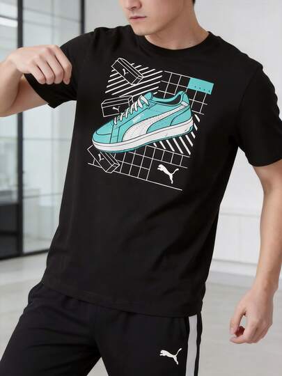 Puma 男士图案运动鞋印花柔软舒适运动休闲短袖跑步训练上衣，运动 T 恤
