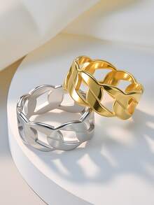 1枚时尚休闲情侣戒指 钛钢男士戒指 个性化酷炫镂空扭链戒指 女士欧美风格光滑戒指 复古戒指 街头摇滚嘻哈男士单枚戒指 流行手部饰品 - 銀色 - 查看 1