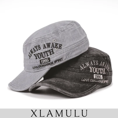 1件女士水洗复古军帽，“ALWAYS AWAKE YOUTH”刺绣字母，可调节搭扣后扣，轻便，休闲装扮的完美之选，复古时尚爱好者的时尚礼物。