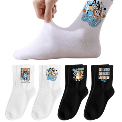 Bluey 1双卡通布鲁伊动漫印花袜子，可爱宾果狗可可锈松饼图案，休闲日常穿着，直筒袜，适合生日派对、摄影道具等场合。