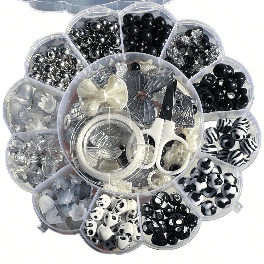 3件套13格珠子盒，黑色系列，用于制作手链、手机链、吊坠 - 黑與白 - 查看 1