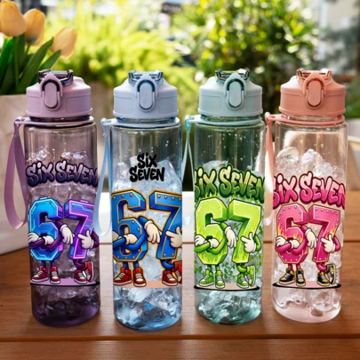 1pc 750ml Children's Water Bottle, Cute Funny 67 Elements Design, Spill-Proof Straw Cup, Kindergarten Water Bottle, Large Capacity Sports Water Bottle, Summer