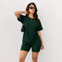 Set playera larga shorts biker dama juvenil fresco cómoda casual informal casa loungewear conjunto básico México - Verde - Ver 3