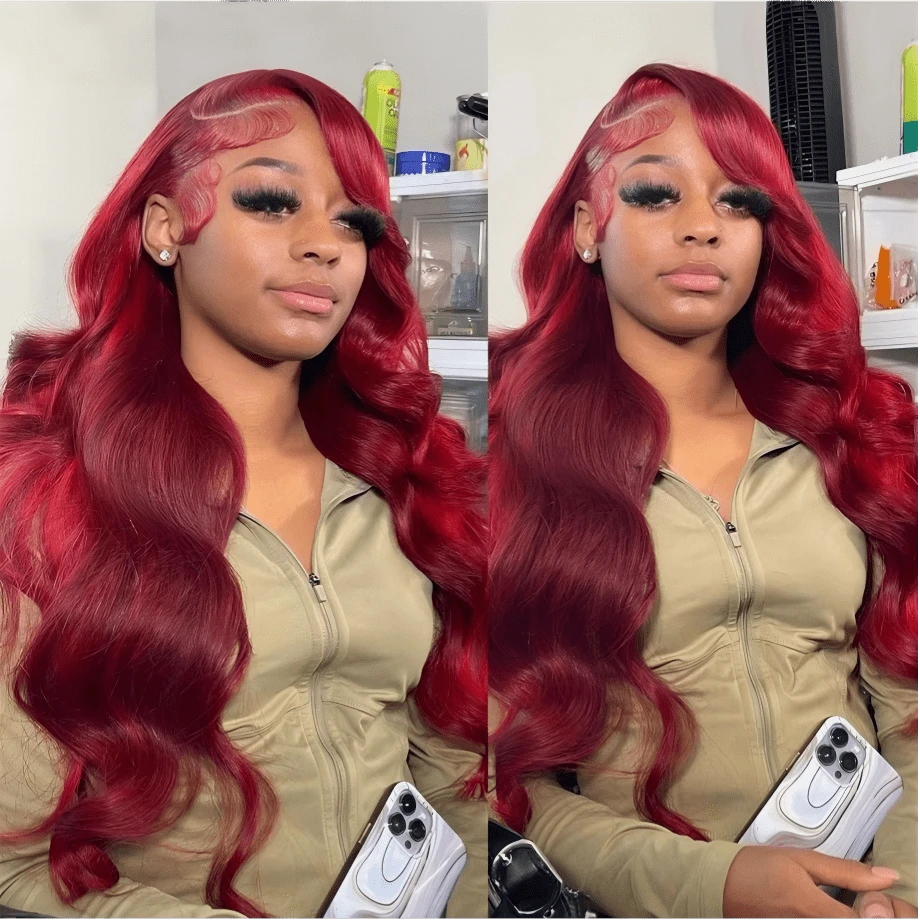 酒红色 13x6 透明蕾丝前额真人发假发，180 密度，巴西 13x4 蕾丝前额假发，99j 波浪卷真人发假发，女士款