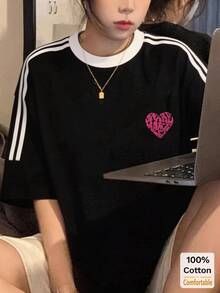 “情书”印花短袖中长款T恤，时尚撞色条纹黑色休闲上衣 - 黑色 - 查看 3