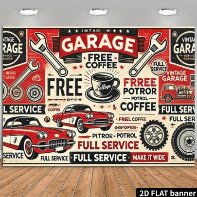 1 pieza Cartel de fondo de estilo vintage para taller de reparación de automóviles - Letrero publicitario de garaje retro con diseño de café gratis y parada de servicio, cubierta de pared de tela de poliéster duradera para sala de estar, dormitorio, oficina y decoración al aire libre, excelente para fiestas y regalos festivos, arte de pared de oficina, decoración de automóviles, banner de tela de pared