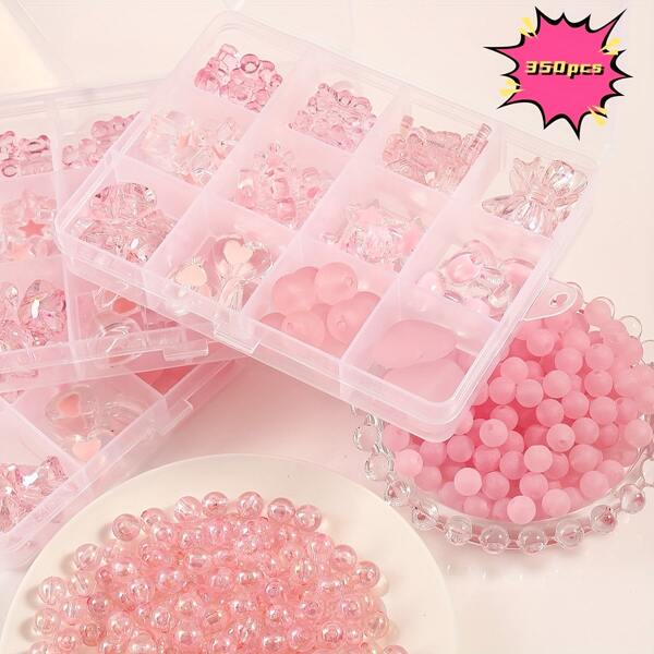 350 piezas Conjunto de cuentas acrílicas rosas lindas, adecuado para principiantes para hacer pulseras, aretes, llaveros, adornos de teléfono y otras joyas, regalo creativo para amigos y familiares
