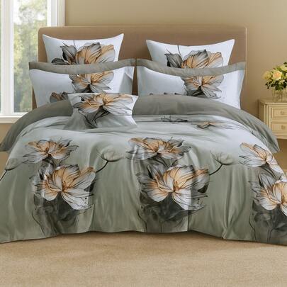 Conjunto de capa de edredom de casal 160x200cm com estampa floral aquarelada em tons de cinza (3 peças), 100% algodão, com fronhas de 70x80cm com zíper. Design moderno e artístico com estampa botânica.
