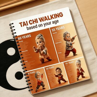 Sổ tay xoắn ốc hướng dẫn tập Thái Cực Quyền theo độ tuổi, nhật ký thể dục nhẹ nhàng dành riêng cho độ tuổi 50-70+, sổ kế hoạch tập luyện chủ đề hoạt hình dành cho người trung niên và người cao tuổi, món quà lý tưởng cho người lớn tuổi, người mới bắt đầu tập thể dục và bất cứ ai cần bài tập Thái Cực Quyền phù hợp với độ tuổi.